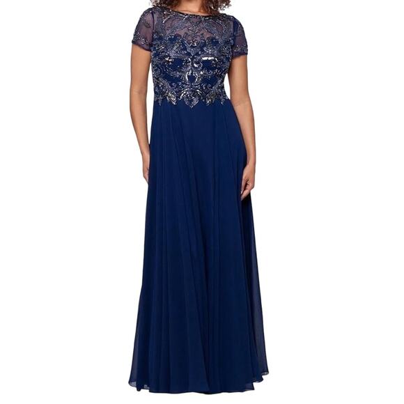 Xscape  dress Jerri beaded short sleeve chiffon gown blue size 8 - Picture 1 of 8